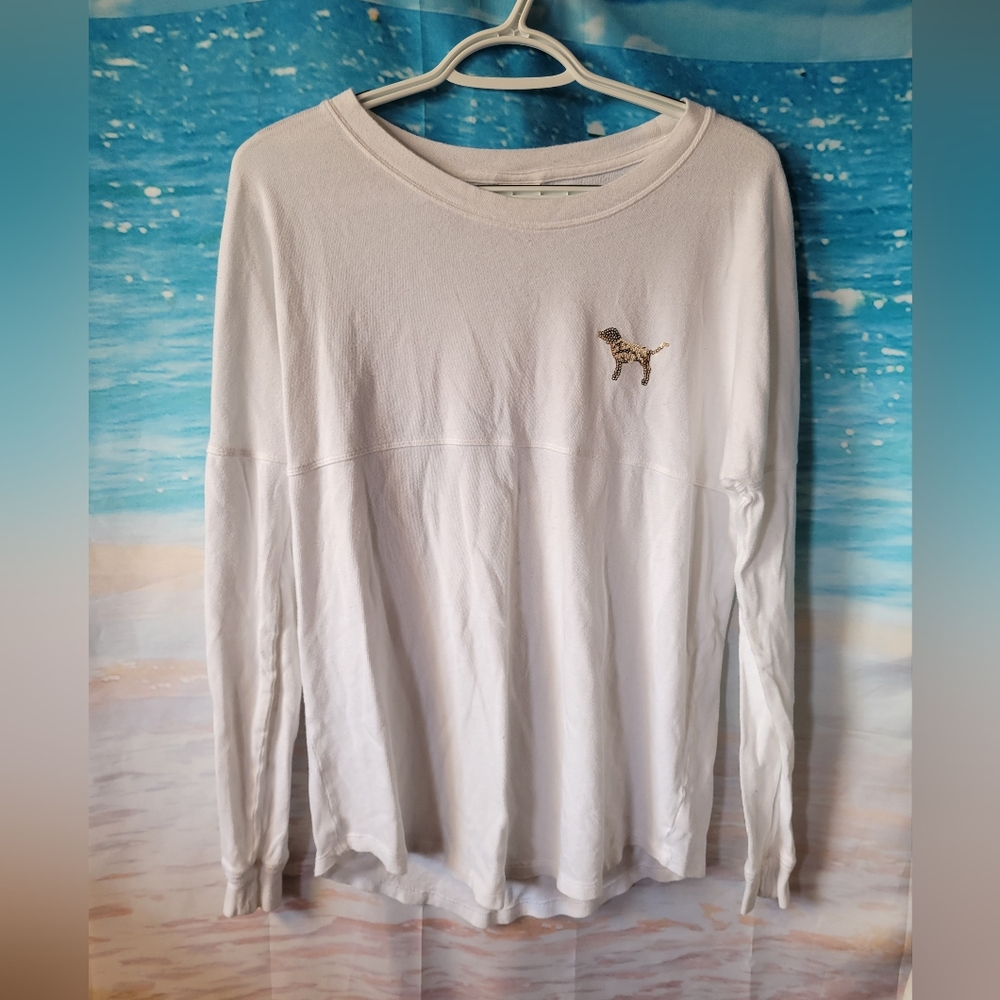 Pink Victoria's Secret White With Gold Sequin Long Sleeve Tshirt Size‎ Small